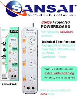 SANSAI 4 Way Surge Protected Power Board with TV Aerial line